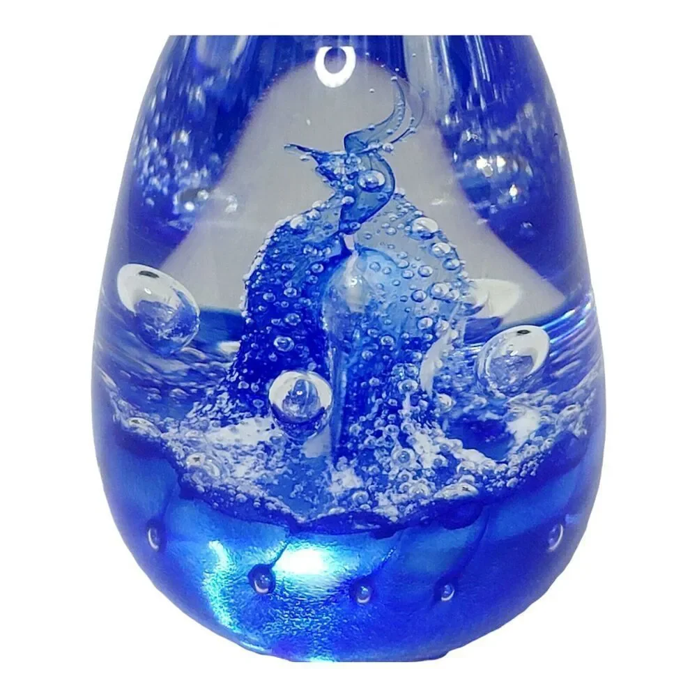 Vingate Glass Cobalt Blue Bubbles and Swirls Blown Glass‎ Paperweight Signed 3